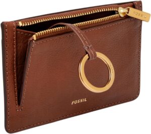 "Fossil Women's Logan Leather Wallet: A slim, minimalist zip card case in brown leather, featuring a keychain for added convenience