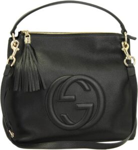 Gucci Soho Black Leather Handbag: A sleek and stylish black leather handbag with a shoulder strap, perfect for adding a touch of luxury to any outfit."