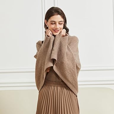 Huralona Women's Cashmere Shawl Wrap Scarf: A warm, knitted, open-front poncho cape in beige, featuring sleeves for added comfort and style, perfect for fall and winter