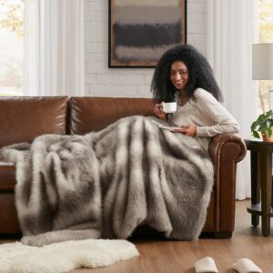 Hyde Lane Soft Faux Fur Throw Blanket: A luxurious, thick, and fluffy blanket in striped brown, perfect for couch or bed decoration. Ideal as a cozy gift for women