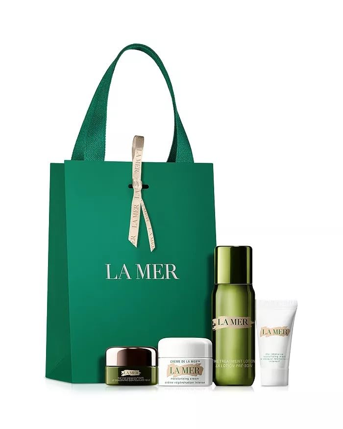 "La Mer 5-pc Gift Set, featuring the Moisturizing Cream, Eye Concentrate, Treatment Lotion, and more. This luxurious set is designed to nourish and rejuvenate the skin, offering a comprehensive skincare experience.