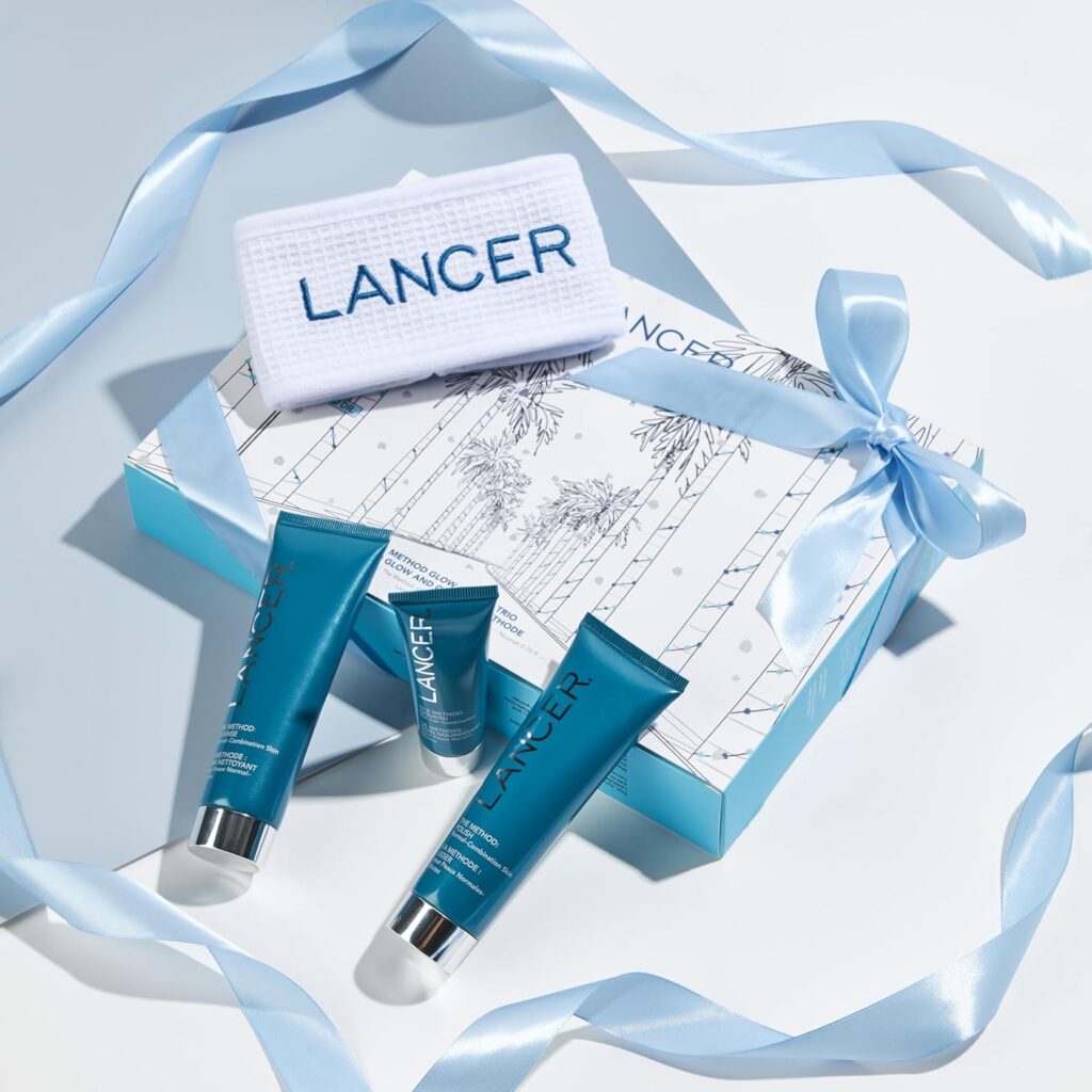 A luxurious skincare set by Lancer, titled The Method Glow and Go Trio Holiday Kit. This set includes essential products designed for glowing skin, perfect for gifting during the holiday season. Ideal for achieving a radiant and healthy complexion."