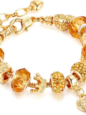 Leprato Gold Plated Heart Crown Charm Pendant Glass Crystal Beaded Bracelet, showcasing its gold-plated heart crown charm and colorful glass crystal beads, designed as an elegant jewelry gift for women.