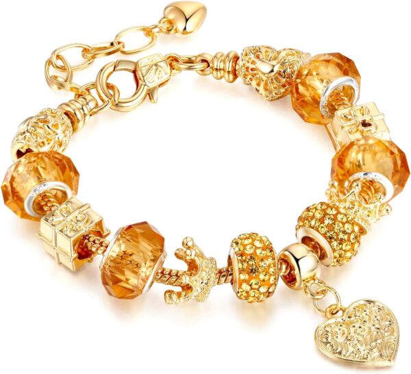 **Alt Text:** A close-up of the Leprato Gold Plated Heart Crown Charm Pendant Glass Crystal Beaded Bracelet, showcasing its gold-plated heart crown charm and colorful glass crystal beads, designed as an elegant jewelry gift for women.