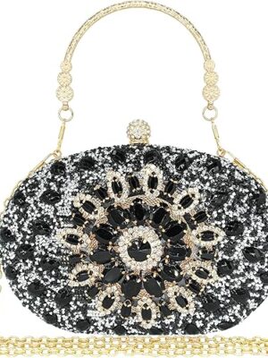 Elegant Mairlom Rhinestone Clutch Purse for Women, perfect for evening weddings and formal events. Features a dazzling crystal diamond design with a round pearl clasp, adding a touch of glamour to any outfit.