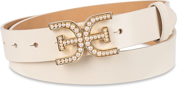 Sam Edelman Women's Imitation Pearl Embellished Double-E Logo Plaque Buckle Leather Belt: A stylish leather belt designed for jeans, dresses, and trousers, featuring a double-E logo plaque buckle adorned with imitation pearls.