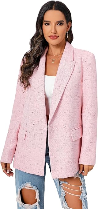 TRNY Women's Oversized Double-Breasted Suit Blazer Jacket: A long sleeve, casual boyfriend style work office blazer with pockets