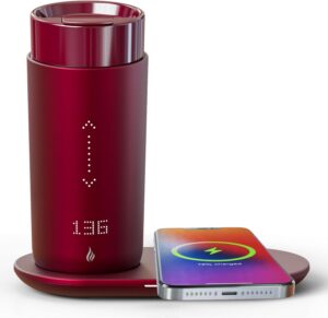 Temperature Control Heated Coffee Mug: A smart self-heating travel mug in rogue red, 12 oz capacity, app-controlled with a 4-10 hour LED display, and a fast wireless charger base to keep coffee hot all day.