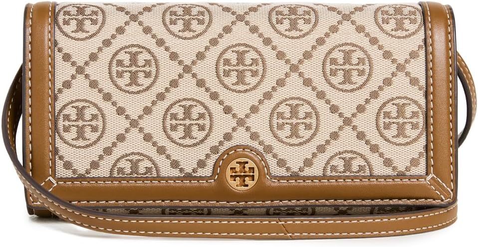 "Elegant crossbody wallet by Tory Burch, featuring the T Monogram jacquard design. This stylish accessory combines functionality with fashion, offering ample space for essentials while adding a sophisticated touch to any outfit."