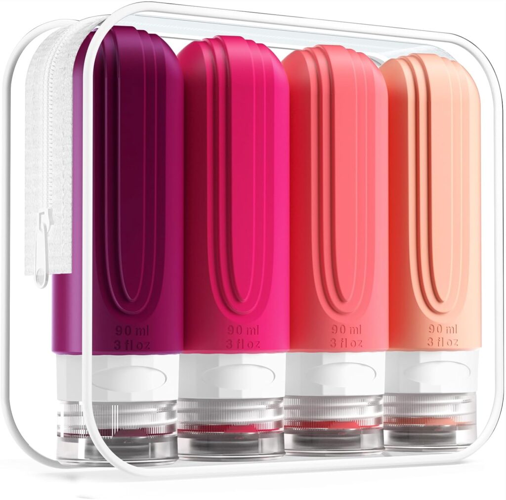 MrsDry set of TSA-approved 3oz travel size containers, made from BPA-free, leak-proof, refillable liquid silicone. These squeezable travel accessories are perfect for carrying shampoo, conditioner, lotion, and other toiletries, ensuring convenience and compliance with airline regulations."