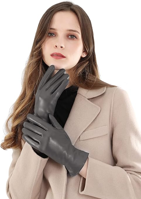 "Vislivin Full-Hand Women's Touch Screen Gloves: Genuine leather gloves in grey, designed for warmth and functionality, perfect for winter texting and driving