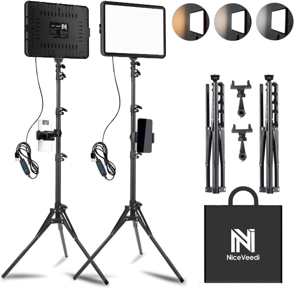 "2-Pack LED Video Light Kit by NiceVeedi. Perfect for studio lighting, these adjustable LED lights enhance video and photography with professional-quality illumination.