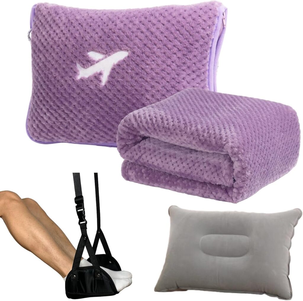 3 in 1 Travel Blanket Pillow Set in purple. Includes a 350 GSM thick travel blanket, a compact inflatable pillow, and an airplane footrest hammock. Comes with a convenient travel bag, perfect for plane travel."