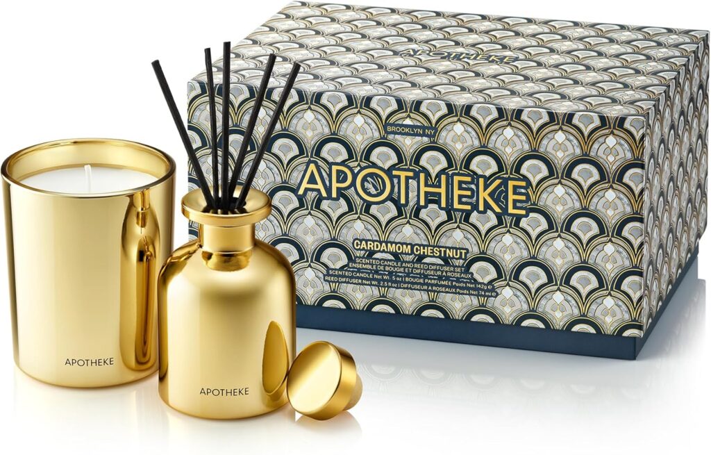 Apotheke Mini Scented Candles for Home, featuring the warm and inviting scent of cardamom and chestnut. This set includes a matching oil reed diffuser to enhance the fragrance throughout your space, creating a cozy and aromatic ambiance.