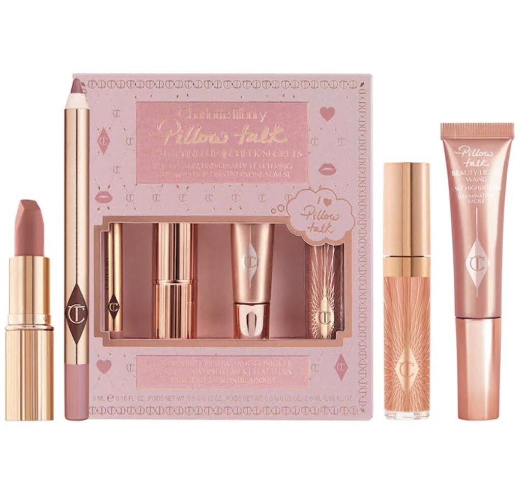 Charlotte Tilbury Pillow Talk Lip Secrets Holiday Set. A luxurious collection of lip products in the iconic Pillow Talk shade, perfect for achieving a glamorous and festive look."