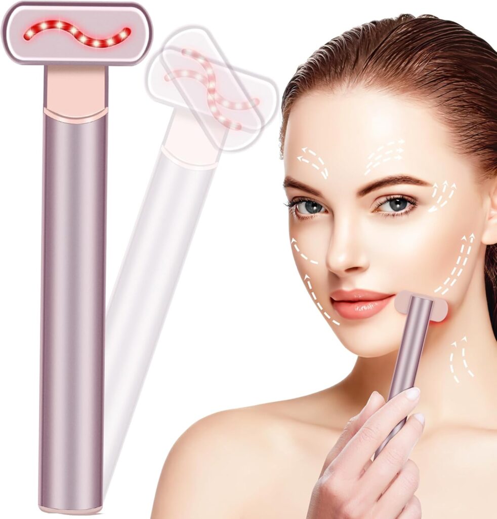 "Facial Wand 4 in 1 featuring red light therapy and microcurrent technology. This versatile facial wand is designed for use on the neck and face, providing comprehensive skin care and promoting a youthful complexion."