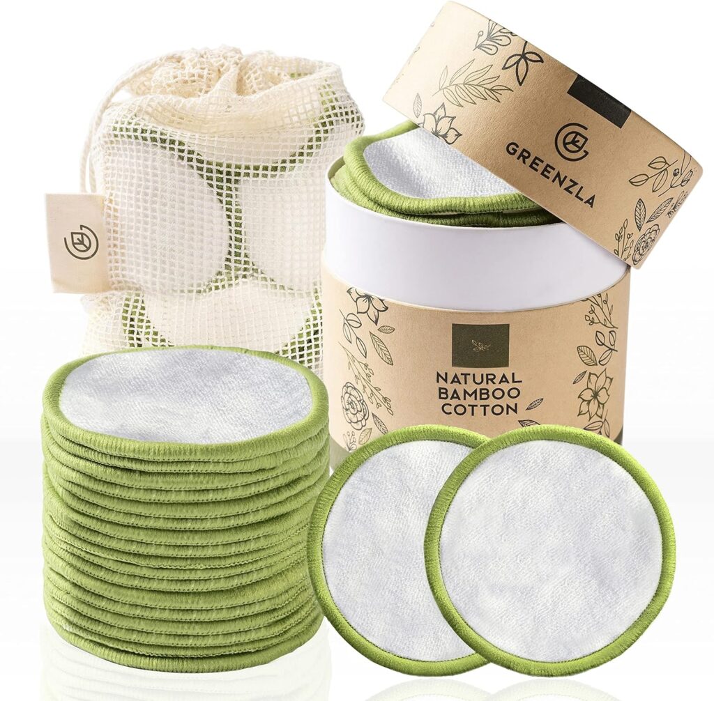 Greenzla Reusable Makeup Remover Pads, 20-pack, featuring washable bamboo cotton rounds. Comes with a laundry bag for easy washing and a round box for storage. Suitable for all skin types, these eco-friendly pads offer a sustainable and gentle option for removing makeup.