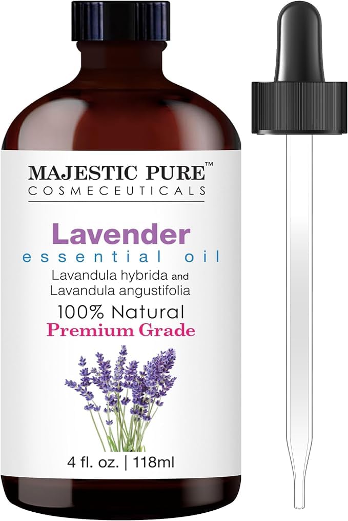 "Majestic Pure Lavender Essential Oil, 4 fl oz. This pure and natural essential oil offers a soothing lavender aroma, perfect for relaxation, aromatherapy, and creating a calming atmosphere."