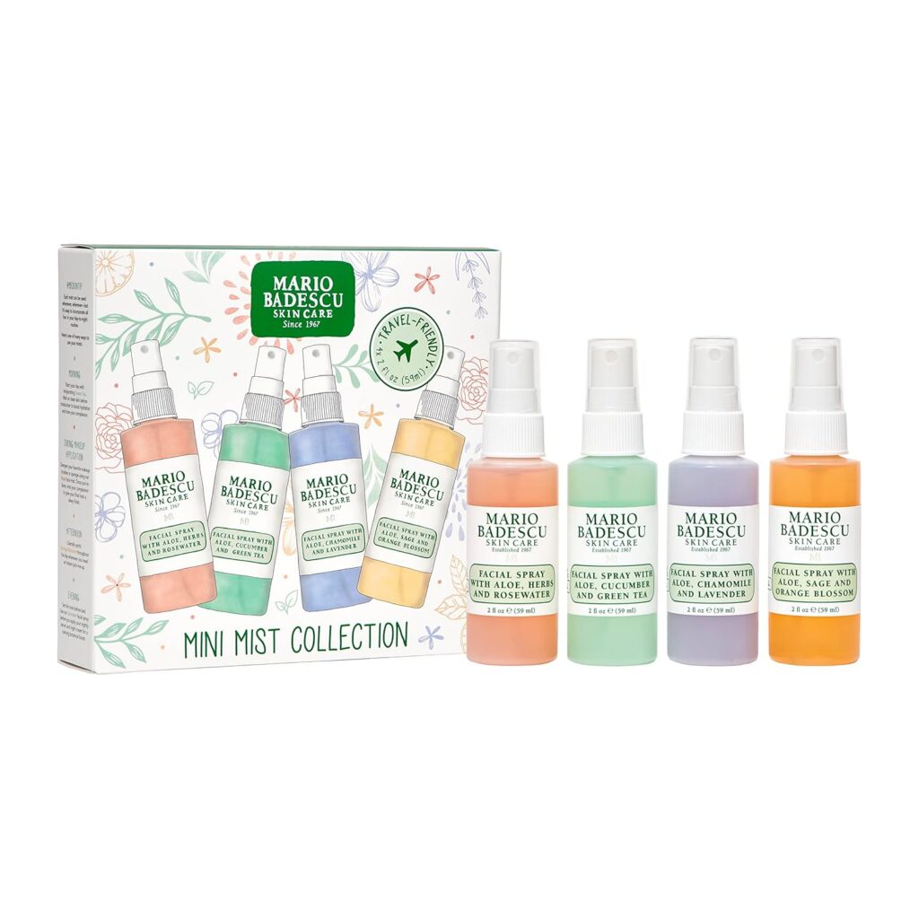 Mario Badescu Facial Spray Collection. Includes rose water, cucumber, lavender, and orange blossom face mists. Multi-purpose sprays for cooling and hydrating all skin types."