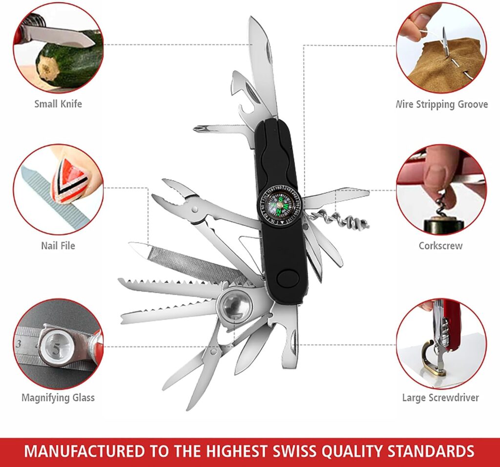 Swiss Eagle Ranger Multi-Tool Pocket Knife with Compass and 30 Tools. Compact and versatile, this pocket knife provides a comprehensive set of tools for various tasks, all conveniently fitting in your pocket.