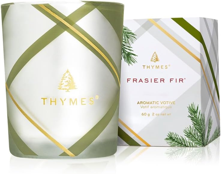 "Thymes Frosted Plaid Frasier Fir Candle Set, featuring a beautiful frosted plaid design. This scented candle set exudes notes of crisp Siberian fir, cedarwood, and sandalwood, creating a cozy and refreshing ambiance perfect for any space."