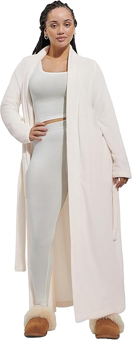 UGG Women's Marlow Robe in cream, featuring a soft, luxurious fabric for ultimate comfort. This cozy robe has a stylish wrap design with a tie belt, perfect for lounging and relaxation.