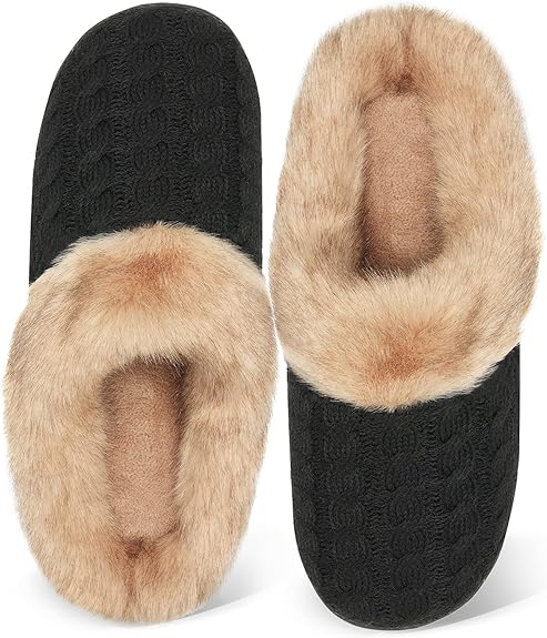 WateLves Women's Memory Foam Slippers featuring a knitted fur collar for added warmth and comfort. These house shoes are designed with an anti-skid sole, making them perfect for both indoor and outdoor use."