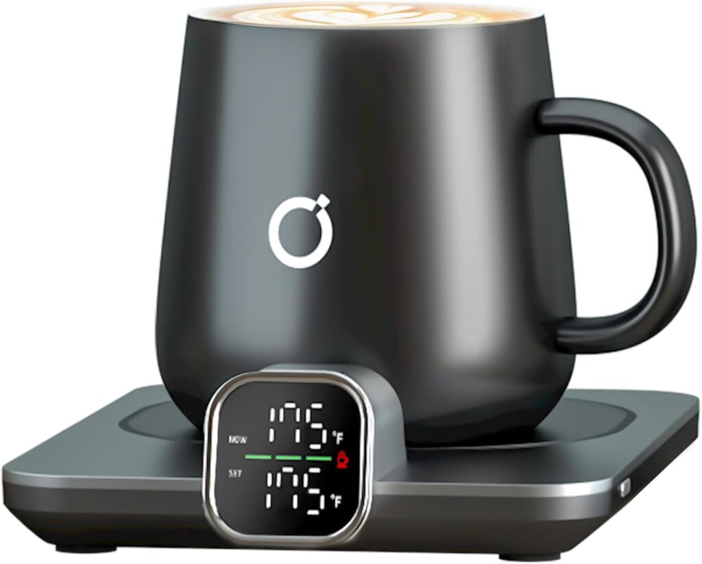 ikago Smart Heated Coffee Mug Warmer & Mug Set. Innovative design keeps your coffee at the ideal temperature, featuring a smart heating base and a stylish mug. Perfect for home or office use