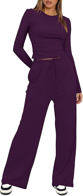 "Darong Women's 2 Piece Sets Fall Outfits featuring a stylish long-sleeve top and wide-leg tracksuit pants. Designed in a chic, cozy fabric, perfect for casual outings or lounging. The set showcases a relaxed yet trendy fit, ideal for fall fashion."