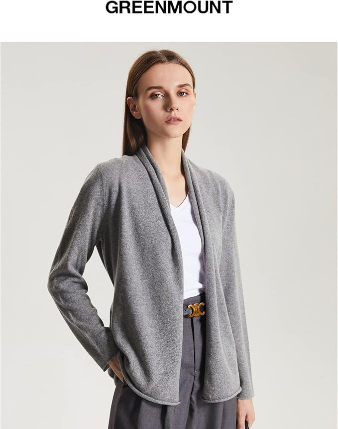 GreenMount Women's Cashmere Short Cardigan, featuring long sleeves and a lightweight, eco-friendly recycled cashmere fabric. This stylish sweater includes a matching belt, perfect for adding a touch of elegance to any outfit