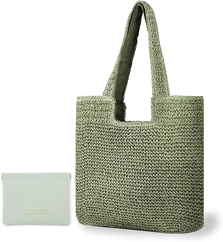 GERYUAEG Large-Straw-Beach-Bag-for-Women-with-Coin-Purse-Woven-Tote-Bag-Summer-bag-Travel-Shoulder-HandbagGreen