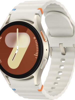 Here's a descriptive alt text for the Samsung Galaxy Watch 7: --- **Alt Text: Samsung Galaxy Watch 7 with a sleek and sophisticated design, featuring a BioActive Sensor for advanced health tracking, a floating glass display, and colorful stitching points on the band. The watch displays notifications and health insights on its high-resolution Always-On display. Available in Green, Silver, and Cream, the watch showcases its elegant appearance and cutting-edge technology.** --- I hope this works for you! If there's anything more you'd like to highlight, just let me know!