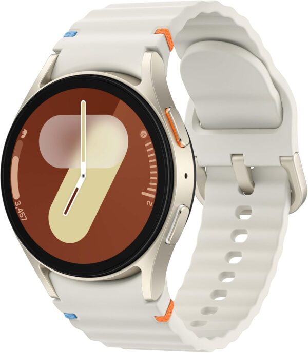 Here's a descriptive alt text for the Samsung Galaxy Watch 7: --- **Alt Text: Samsung Galaxy Watch 7 with a sleek and sophisticated design, featuring a BioActive Sensor for advanced health tracking, a floating glass display, and colorful stitching points on the band. The watch displays notifications and health insights on its high-resolution Always-On display. Available in Green, Silver, and Cream, the watch showcases its elegant appearance and cutting-edge technology.** --- I hope this works for you! If there's anything more you'd like to highlight, just let me know!