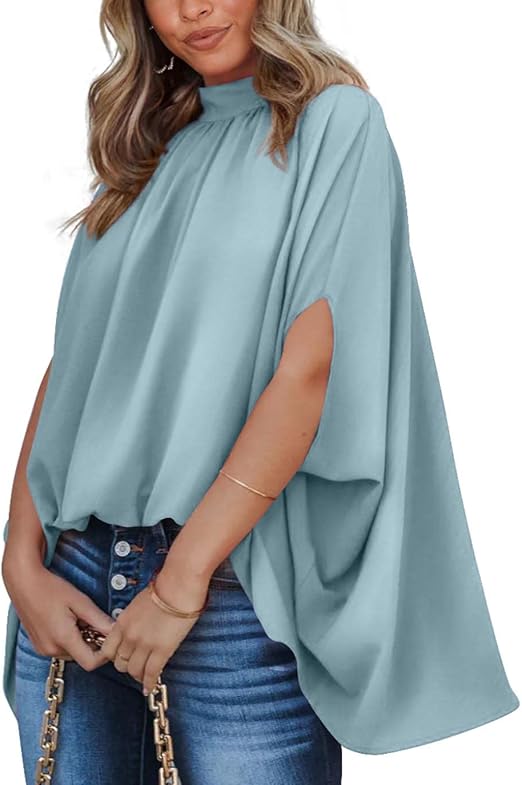 BTFBM Women's Mock Neck Summer Top 2024 in Light Blue – a stylish oversized blouse with batwing short sleeves, a high-low hem, and a loose, breezy fit for casual spring and summer wear."