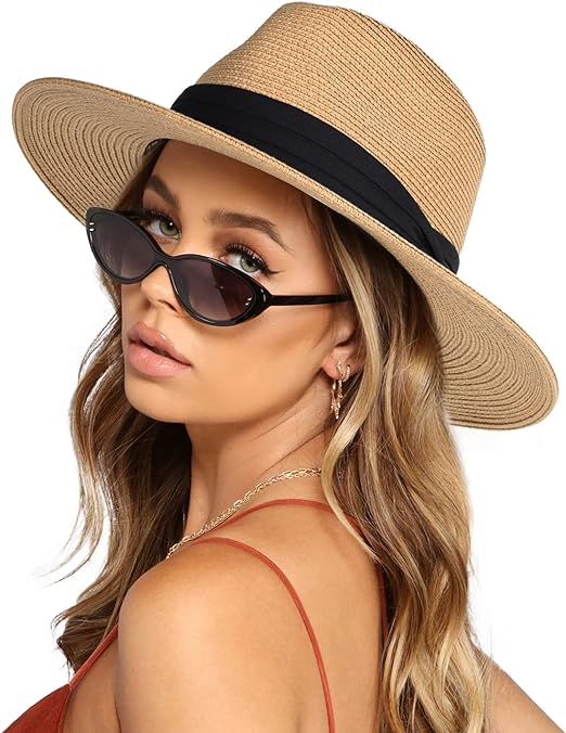 "FURTALK Wide Brim Straw Panama Hat – a stylish fedora with a breathable straw weave, classic pinched crown, and wide brim for sun protection and chic summer style.