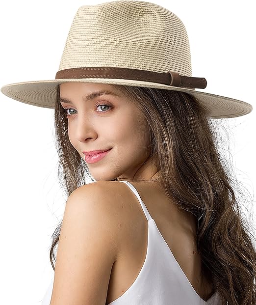 FURTALK Wide Brim Straw Panama Hat – a stylish fedora with a breathable straw weave, classic pinched crown, and wide brim for sun protection and chic summer style.