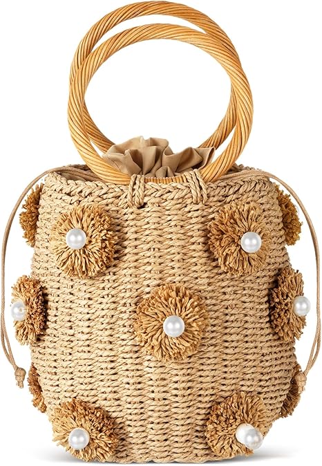 "Frienda Summer Straw Bag for Women, a chic beach bucket tote featuring a drawstring closure, pearl flower embellishments, and a diamond rattan weave for a stylish, elegant look."