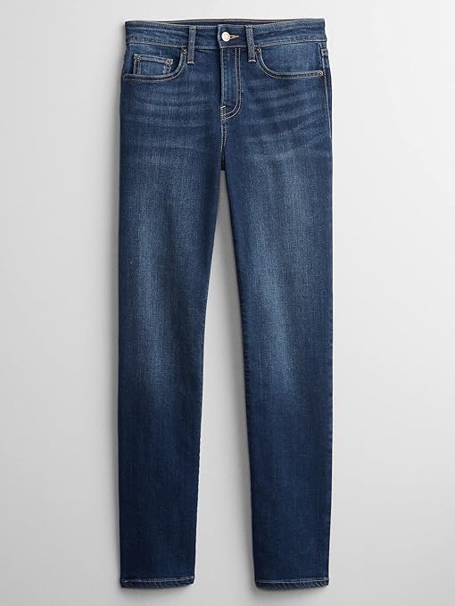 GAP Women's Classic Straight Fit Denim Jeans in Dark Blue – timeless, versatile jeans with a straight-leg cut, offering a comfortable and flattering fit for everyday wear.