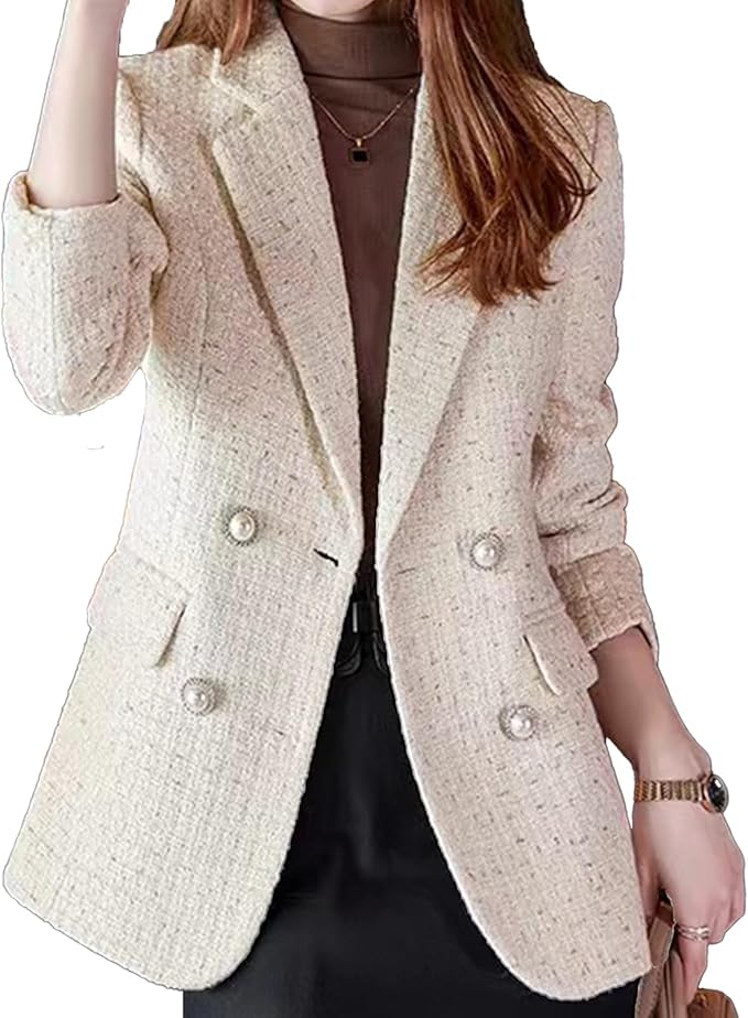 "HUEOBIR Women's Tweed Blazer Jacket – Fall and Winter warm fashion, casual open-front design, elegant business work suit top with pockets