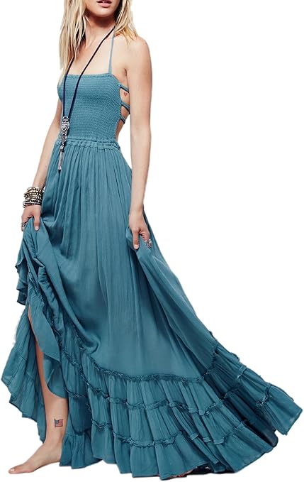 R.Vivimos Women's Summer Boho Dress – a flowy, backless maxi dress with a deep V-neckline, lightweight fabric, and a bohemian-inspired design, perfect for warm-weather elegance.