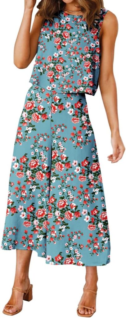 ROYLAMP Women's Summer 2-Piece Outfit featuring a round-neck crop top and cropped wide-leg pants, designed for a chic and breezy warm-weather look.