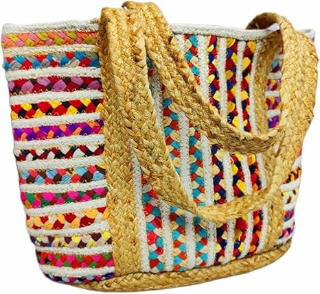 Shivero Jute Cotton Straw Beach Bag – a chic and eco-friendly bucket-style tote with a woven design, sturdy handles, and spacious interior, perfect for beach days and summer outings