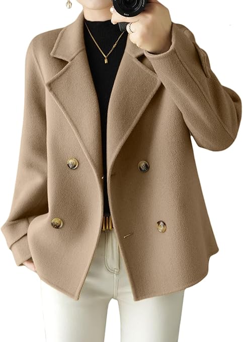 Chouyatou Women's Fall Winter Wool-Blend Coat – a stylish double-breasted pea coat with a loose, dressy blazer silhouette, perfect for casual and business wear in cooler season