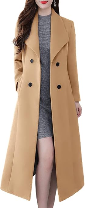 "Ebossy women's shawl collar double-breasted long wool trench coat in a slim fit, falling below the knee. A stylish and elegant outerwear piece perfect for layering in cold weather."