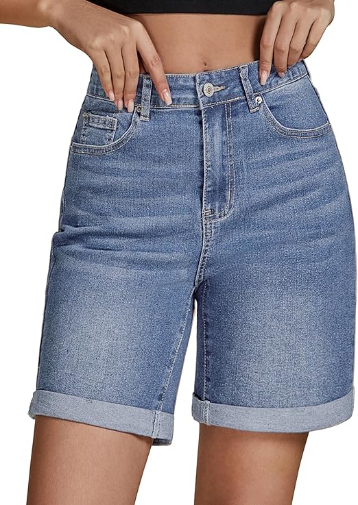 "Luvamia Women's High-Waisted Jean Shorts – Trendy casual summer denim shorts featuring a flattering high-rise fit, fold hem, and classic five-pocket design for a stylish warm-weather look."