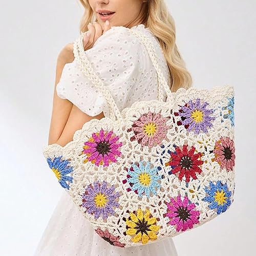 TOFUNTOY beach bag for women, a stylish straw tote bag with a floral design—lightweight and spacious, perfect for summer outings and vacations."