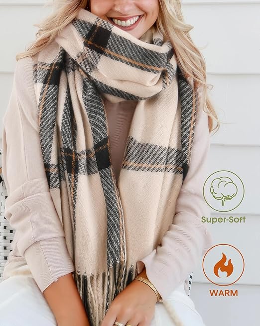 FURTALK winter scarf for women in a large, oversized plaid design with soft cashmere feel, finished with delicate tassels, worn as a cozy shawl or stylish wrap."